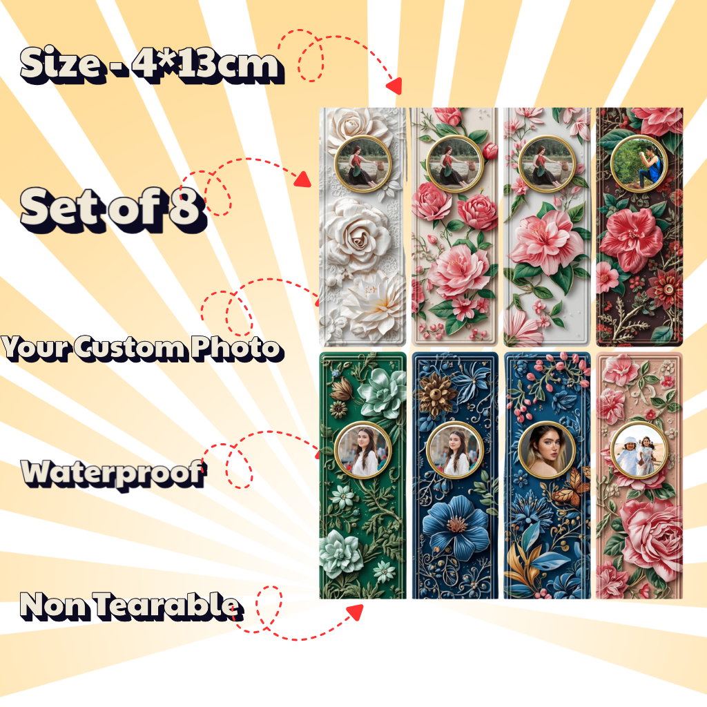 Slim,  Glossy, and Waterproof Custom Photo Bookmark – 4×13 cm ( Set of 8)