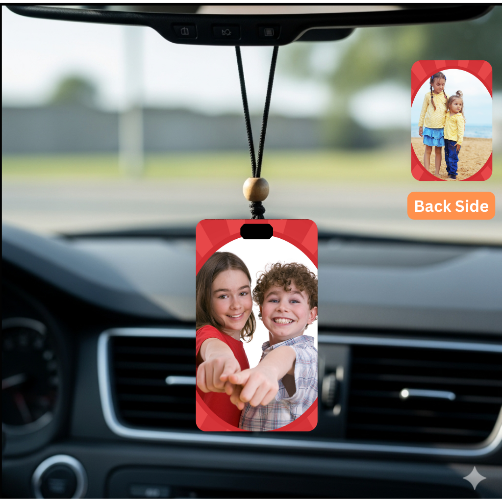 Personalised Car Hanging, Photo Car Hanging, Both Car Hanger with Photo, Best Car Accessories, Mirror Hanging Accessories, Best Gift. Size - 7*9cm, Double side print