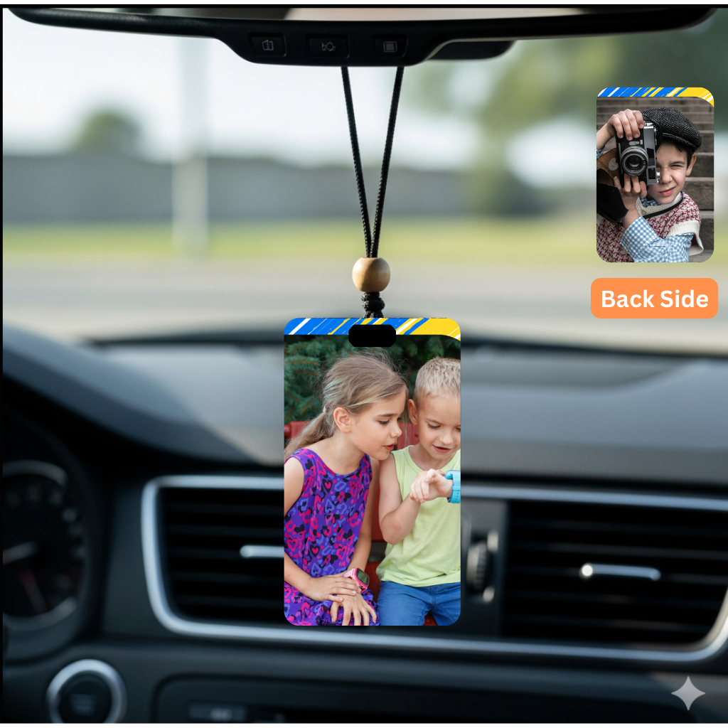 Personalised Car Hanging, Photo Car Hanging, Both Car Hanger with Photo, Best Car Accessories, Mirror Hanging Accessories, Best Gift. Size - 7*9cm, Double side print