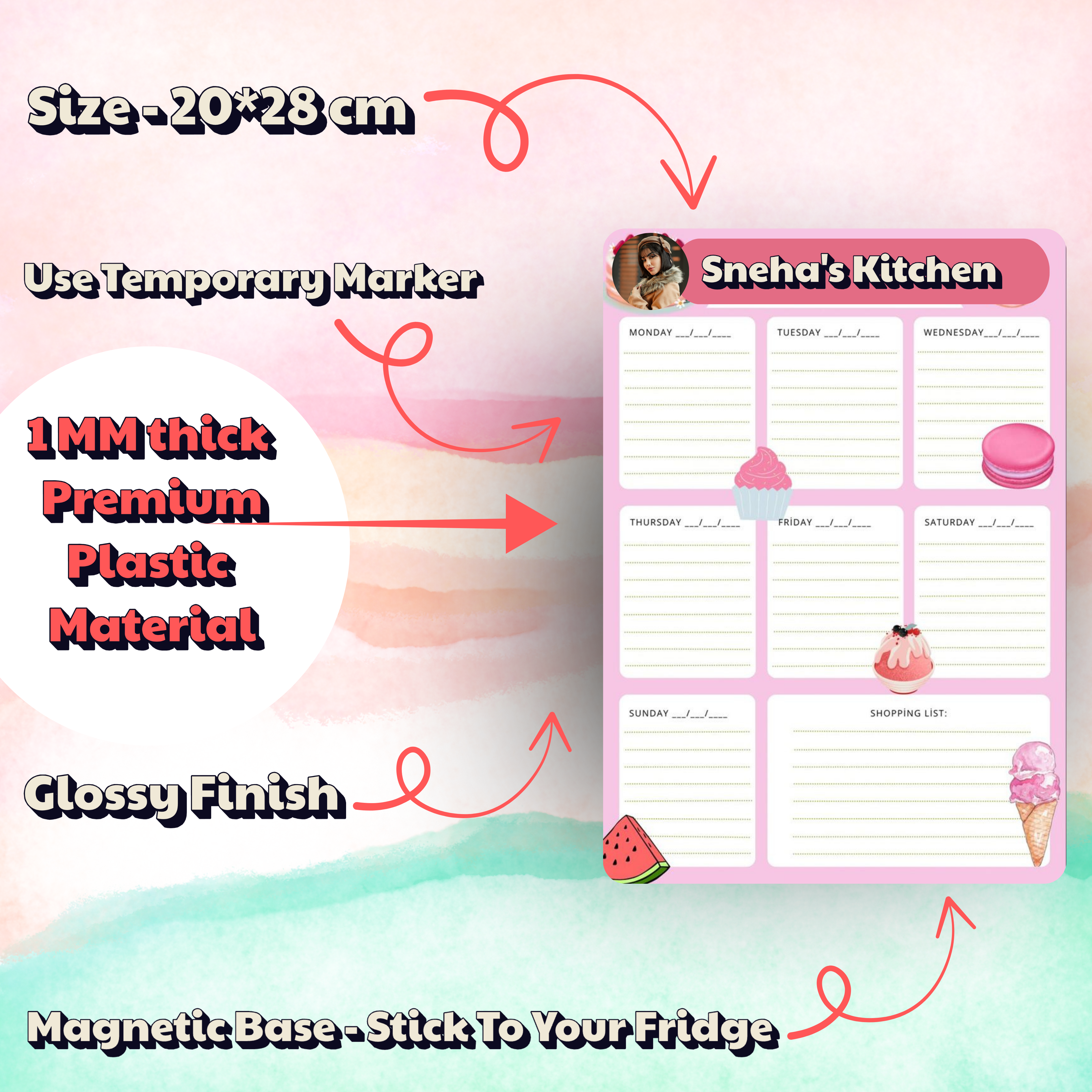Personalized Weekly Planner Fridge Magnet | Custom A4 Magnetic Board with Name & Photo | Rewritable, Durable & Reusable